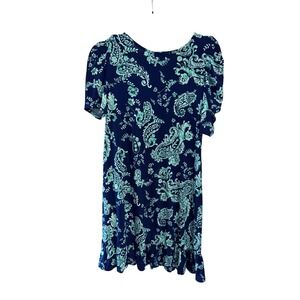 MSK Navy Blue Mint Paisley Print Flutter Sleeve Ruffle Hem Dress Size S NWT